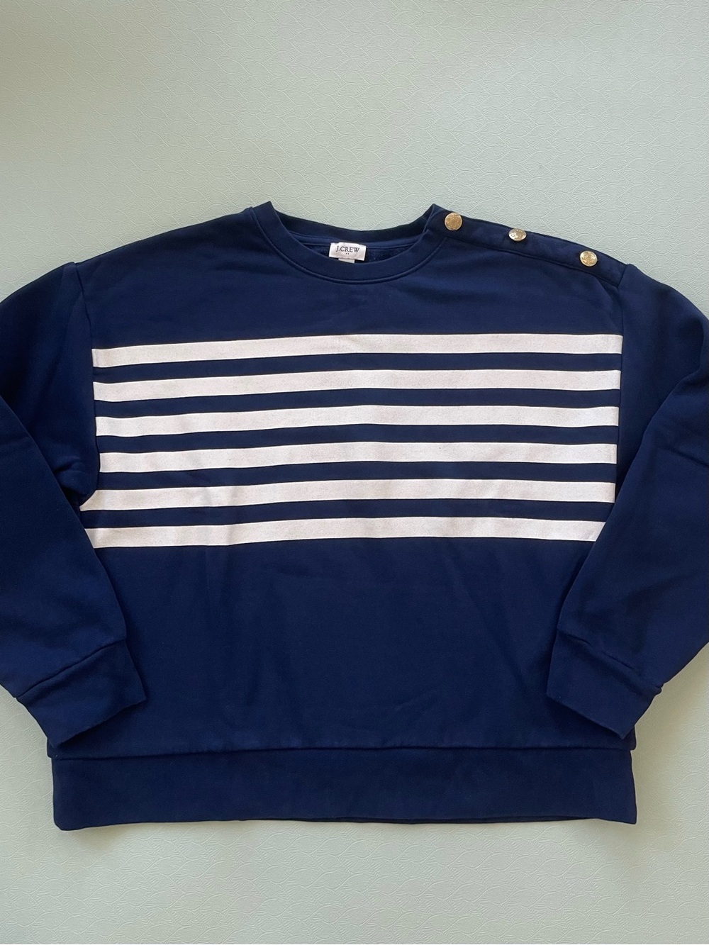 J Crew Navy Striped Crewneck Sweatshirt with Gold Shoulder Buttons